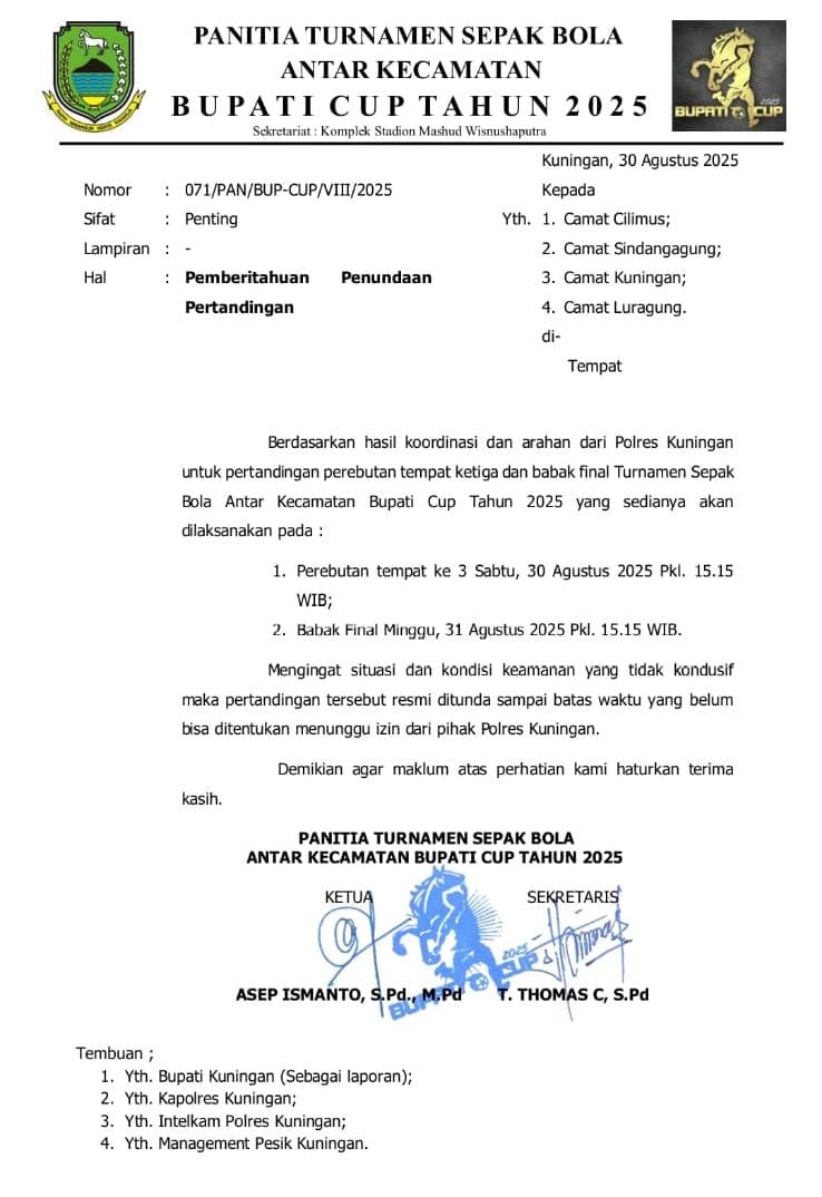 Surat Penundaan Pertandingan Final Bupati Cup 2025