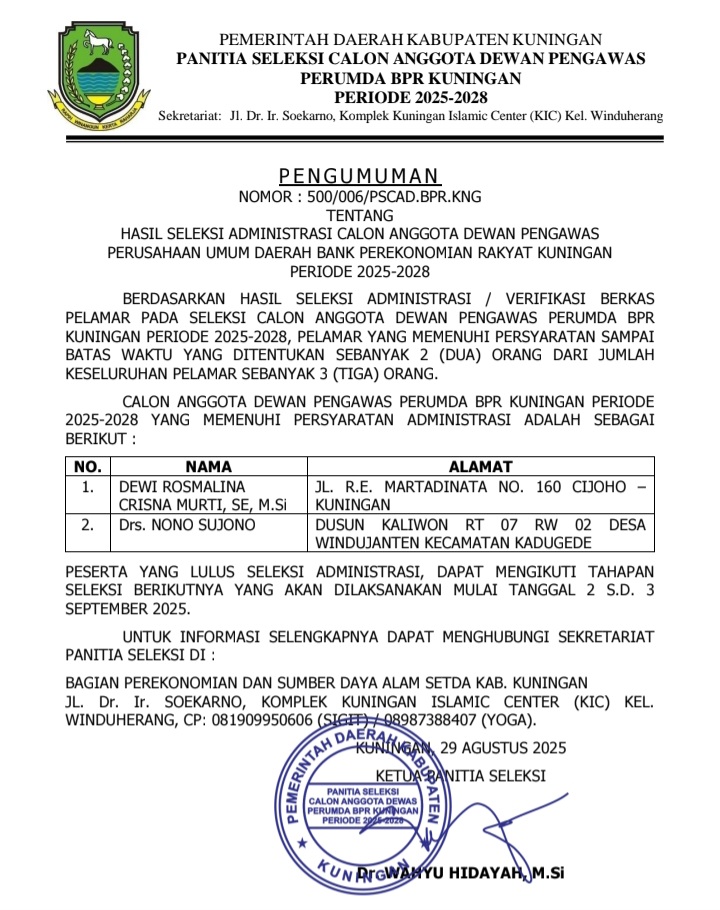 Pengumuman hasil seleksi administrasi Dewan Pengawas BPR Kuningan 2025-2028