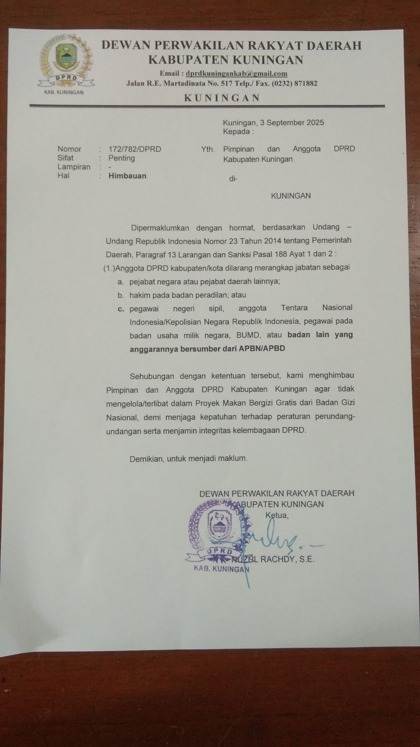 Surat Himbauan DPRD Kuningan Tentang MBG. (Foto: Dok. Net)