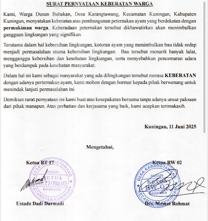 Surat penolakan warga Karangtawang atas pembangunan kandang ayam. (Foto: Dok.Ist)