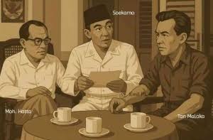 Ilustrasi Moh. Hatta, Soekarno, dan Tan Malaka. (Dok. Net)