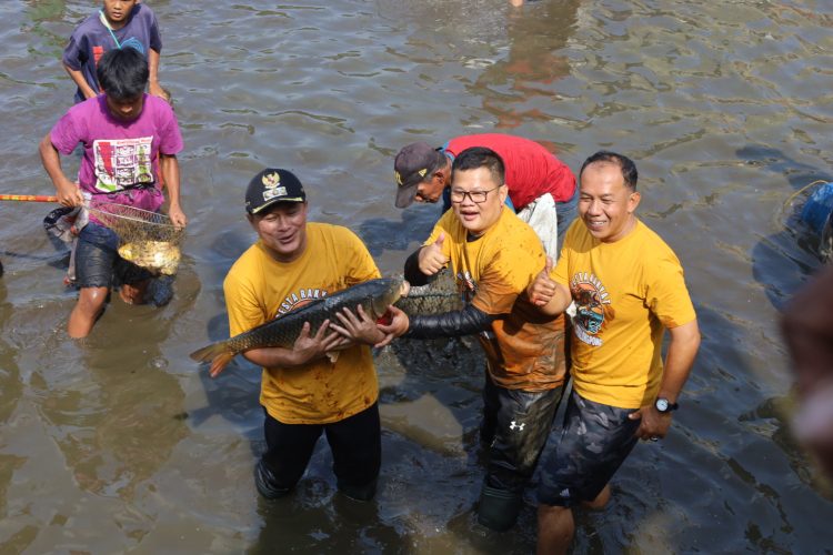Bupati Kuningan Dr. Dian Rachmat Yanuar, M.Si saat kegiatan "Ngobeng Lauk" di situ Cimalongpong. (Foto: dok. ikp/k1)
