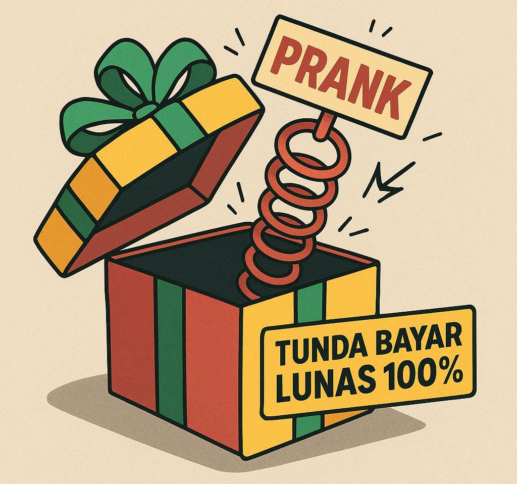 Ilustrasi kado terbuka dengan tulisan prank soal tunda bayar Kuningan