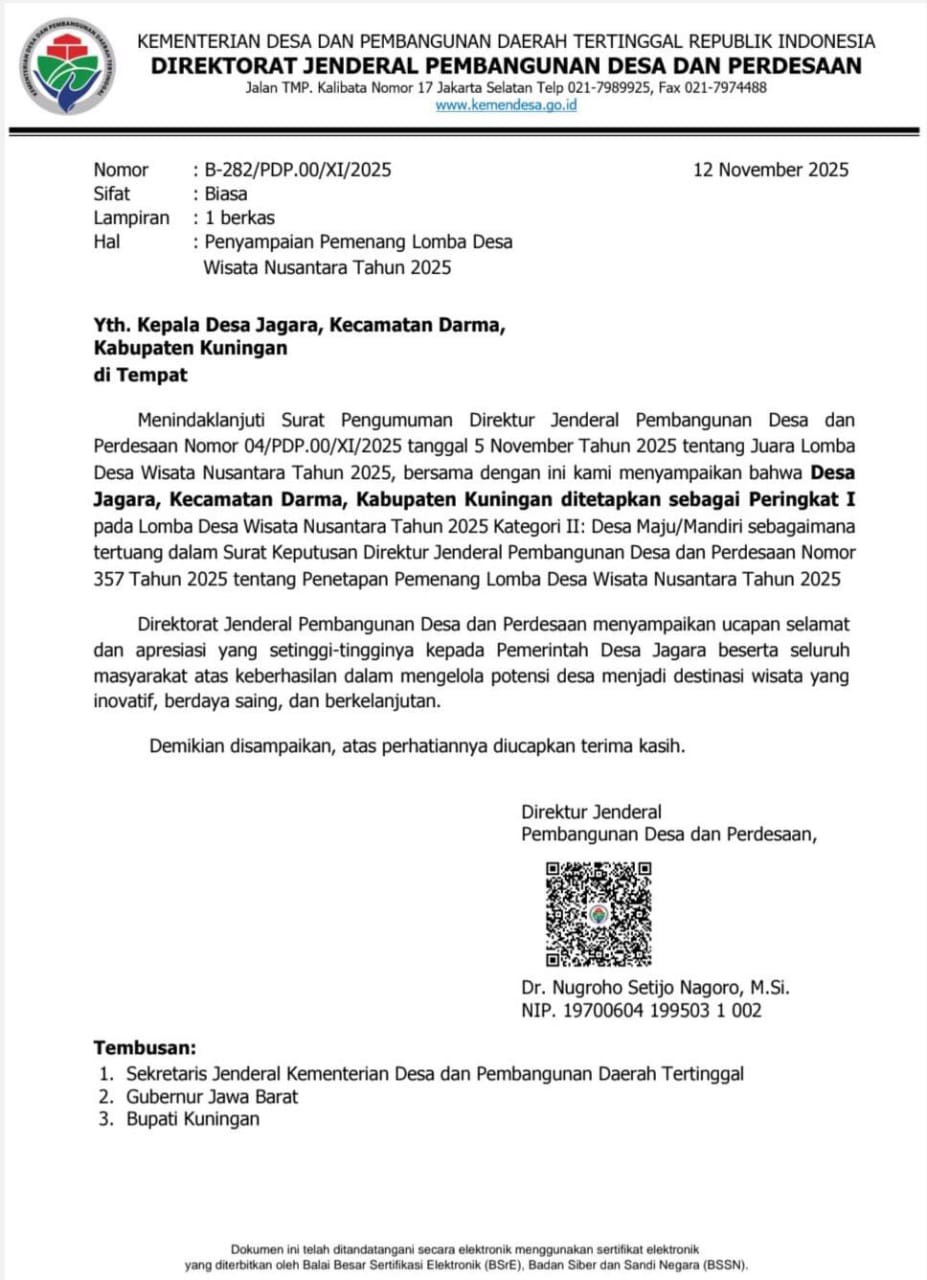 Surat resmi yang diterbitkan Direktorat Jenderal Pembangunan Desa dan Perdesaan (Foto: dok. DJPDP/tohirin)