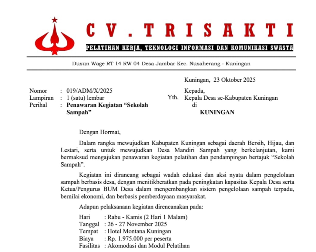 Surat Penawaran Kegiatan "Sekolah Sampah" CV. TRISAKTI. (Foto: dok. handover/k1)