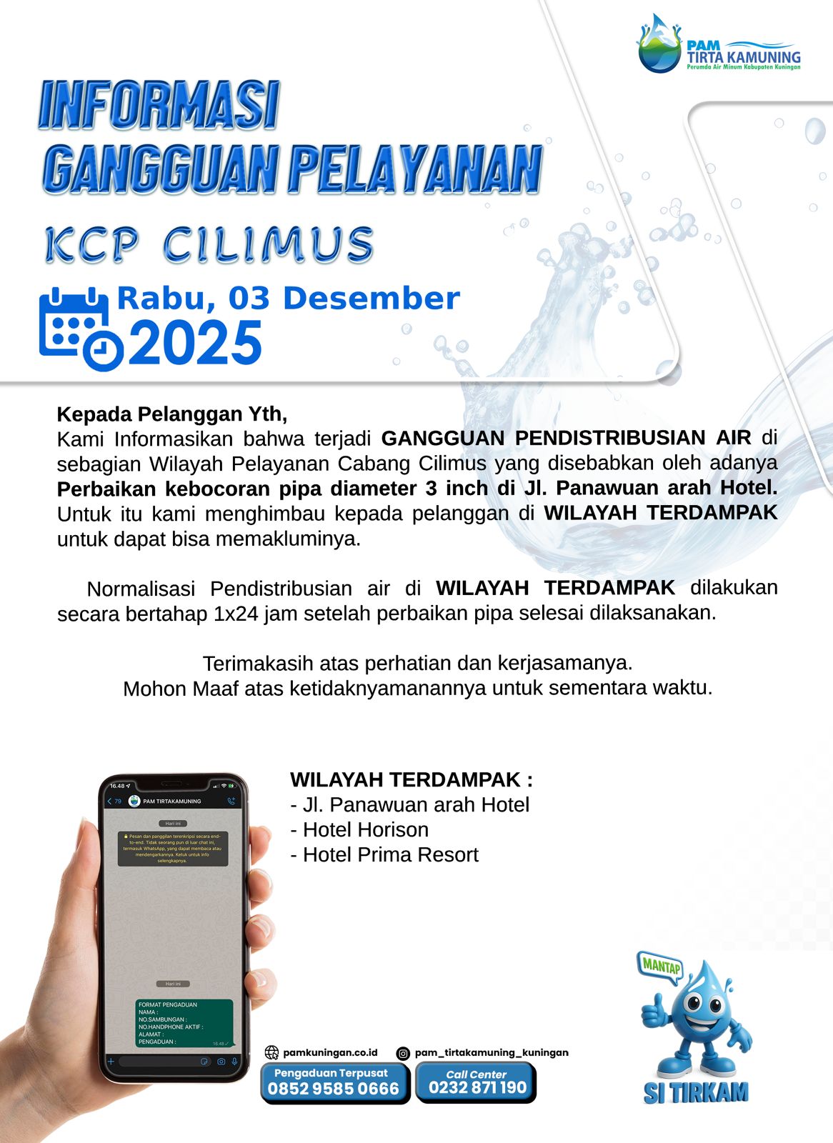 Pemberitahuan gangguan layanan air PAM Tirta Kamuning. (Foto: dok. pdam/k1)