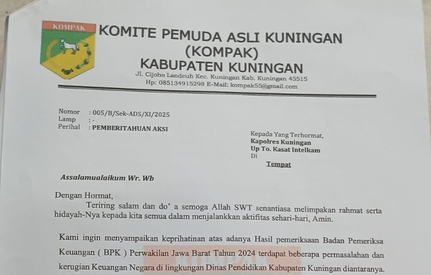 Surat pemberitahuan Aksi Unjuk Rasa dari Komite Pemuda Asli Kuningan (KOMPAK). (Foto: dok. handover/k1)