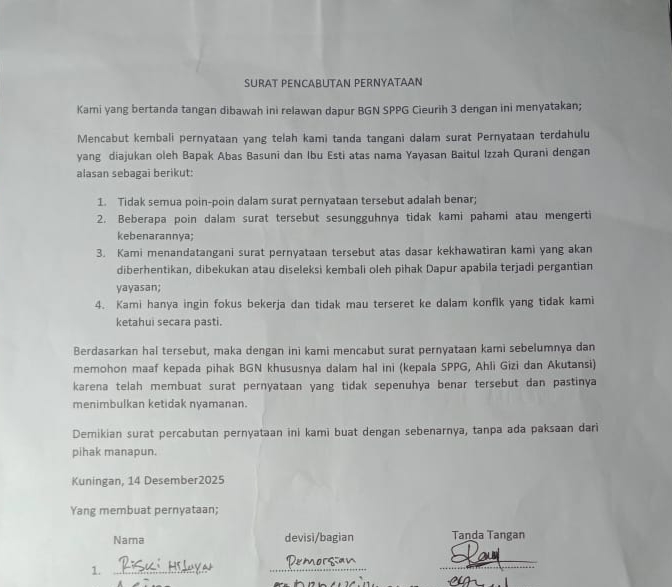 Surat Pencabutan Pernyataan Relawan SPPG Cieurih 3. (Foto: dok. handover/k1)