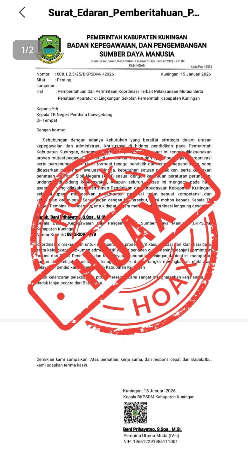 Surat edaran HOAKS (foto:dok. pemkab/tohirin)