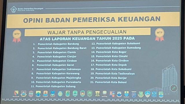 Sebanyak 21 kabupaten dan kota di Jawa Barat menerima opini Wajar Tanpa Pengecualian (WTP) dari BPK RI atas Laporan Keuangan Pemerintah Daerah (LKPD) Tahun Anggaran 2025. Penyerahan LHP dilakukan di Auditorium lantai 5 BPK RI Perwakilan Jawa Barat, Bandung, Selasa (9/6/2026). (Foto: dok. inijabar)